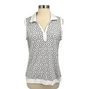 MDC Size 10 Meryl Print Polo Shirt Light Taupe/White Sleeveless V Neck Collared